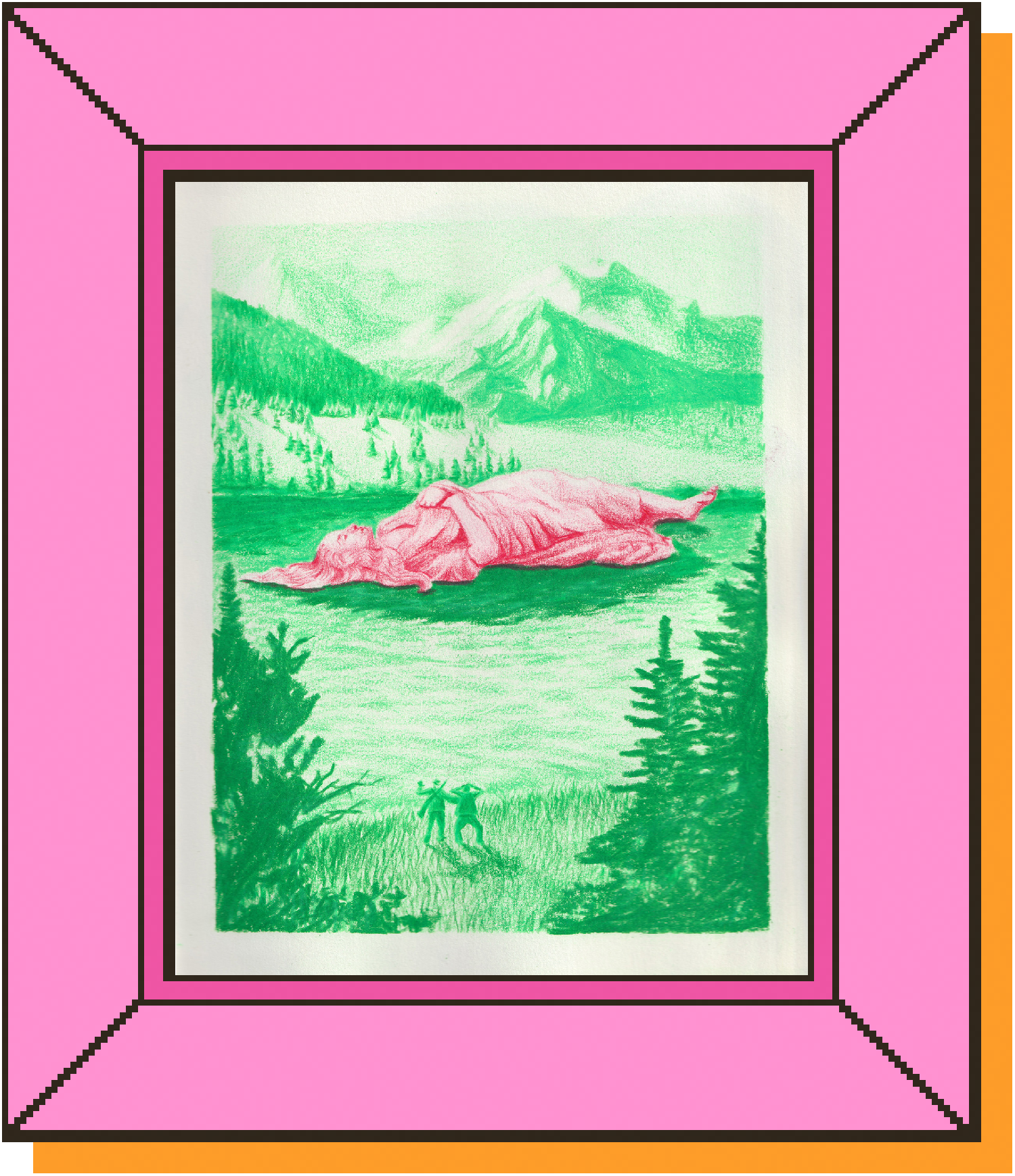 A colored pencil drawing of a giant red woman layinging down in the middle on the green lake and surrounding grren foresty and mountanous landscape. Two tiny male figures stand in the foreground in a paniced state. Contained in a basic pink frame.