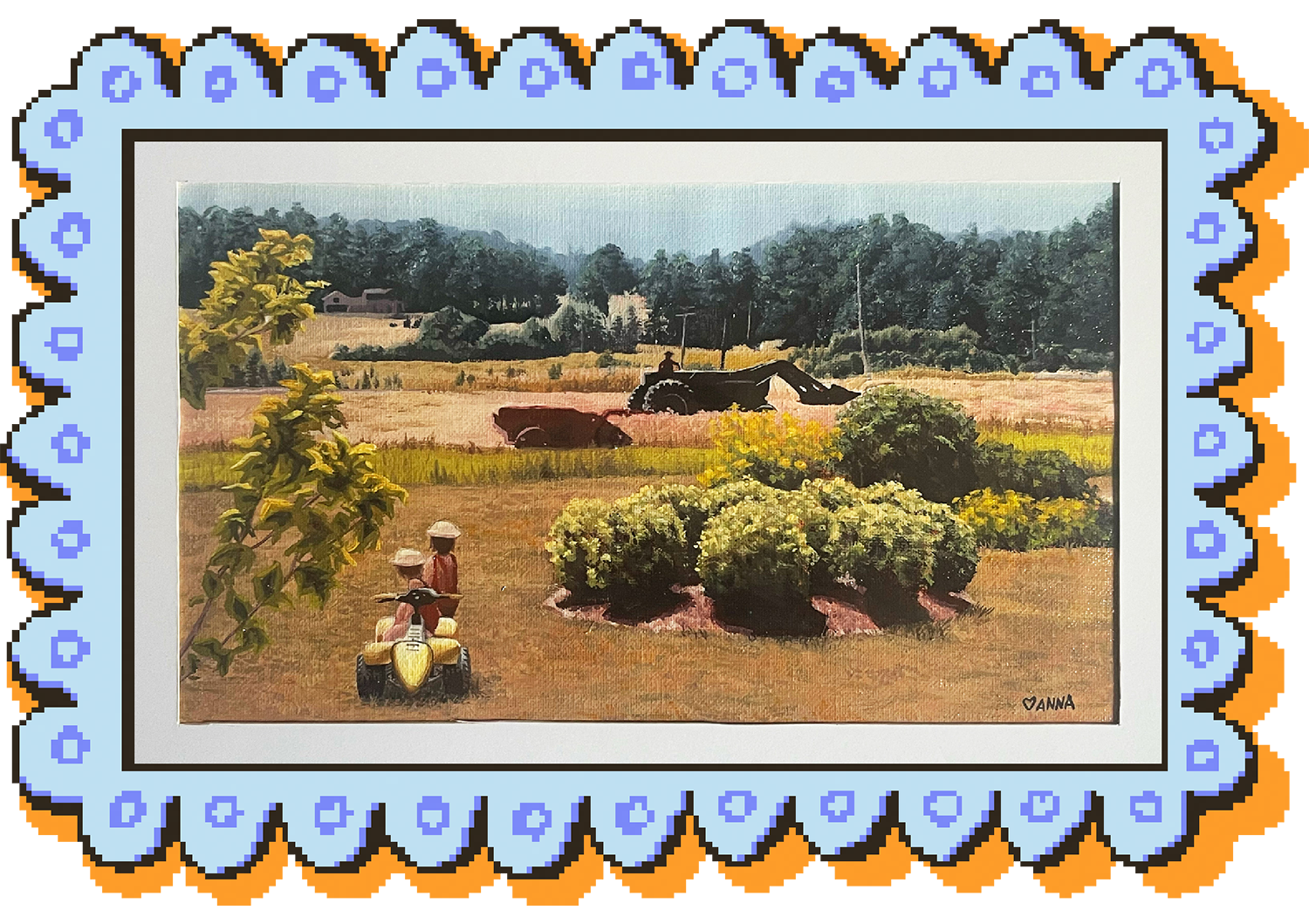 An acrylic painting of two small children (myself and my sister) sitting on an ATV in a sunny backyard overlooking a tractor turning hay in a field in the background