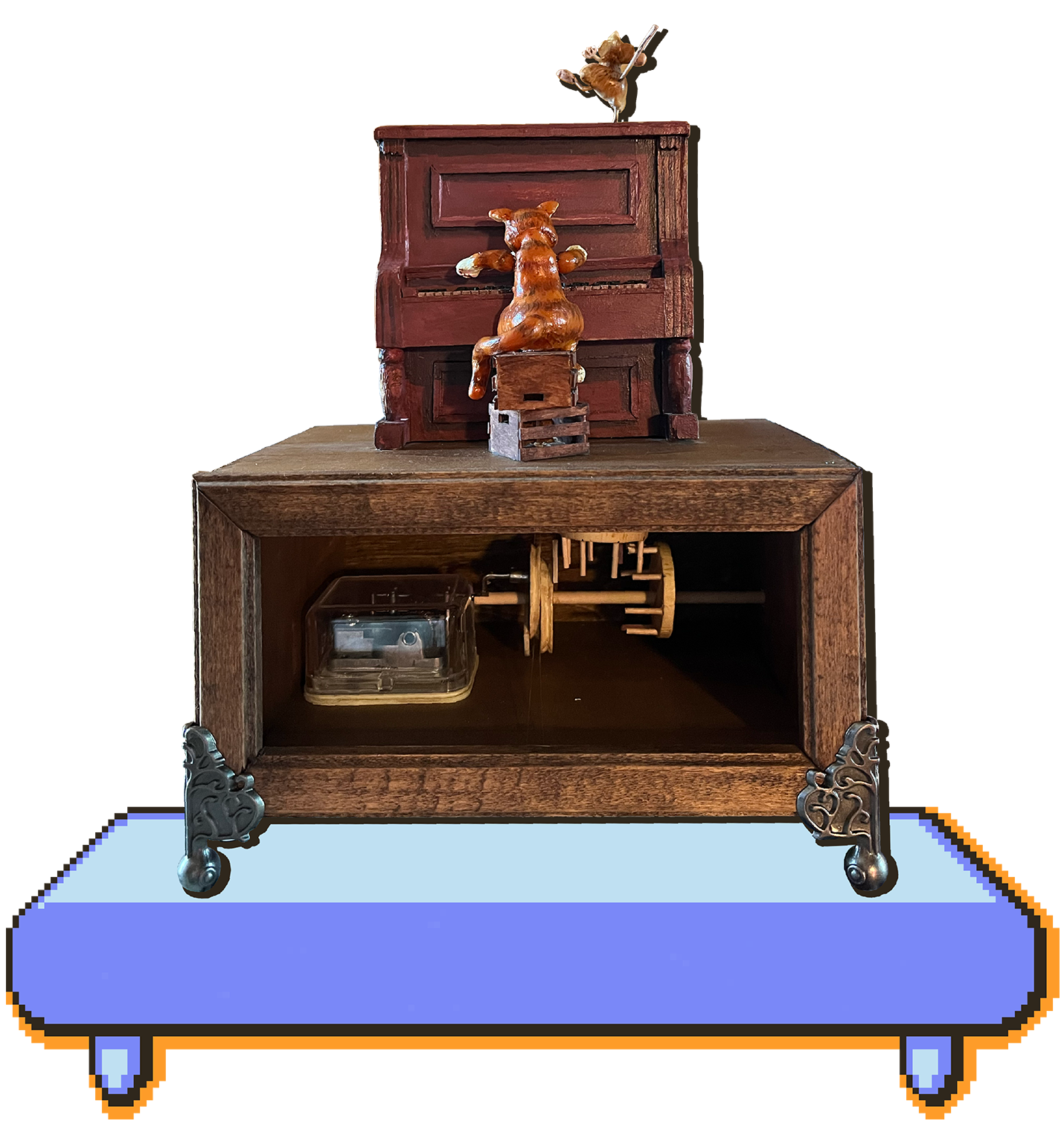 An automata of a cat playing Edelweiss on the piano with a ,ouse spinning in a circle on top of the piano.
