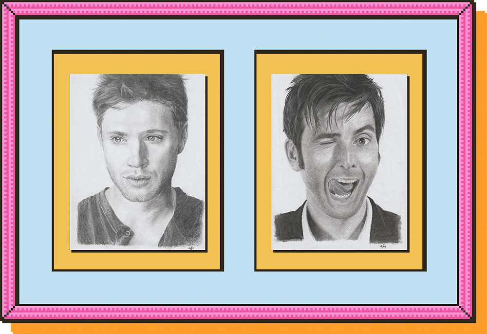 Two fan art portraits of Jensen Ackles and David Tennant, in graphite.