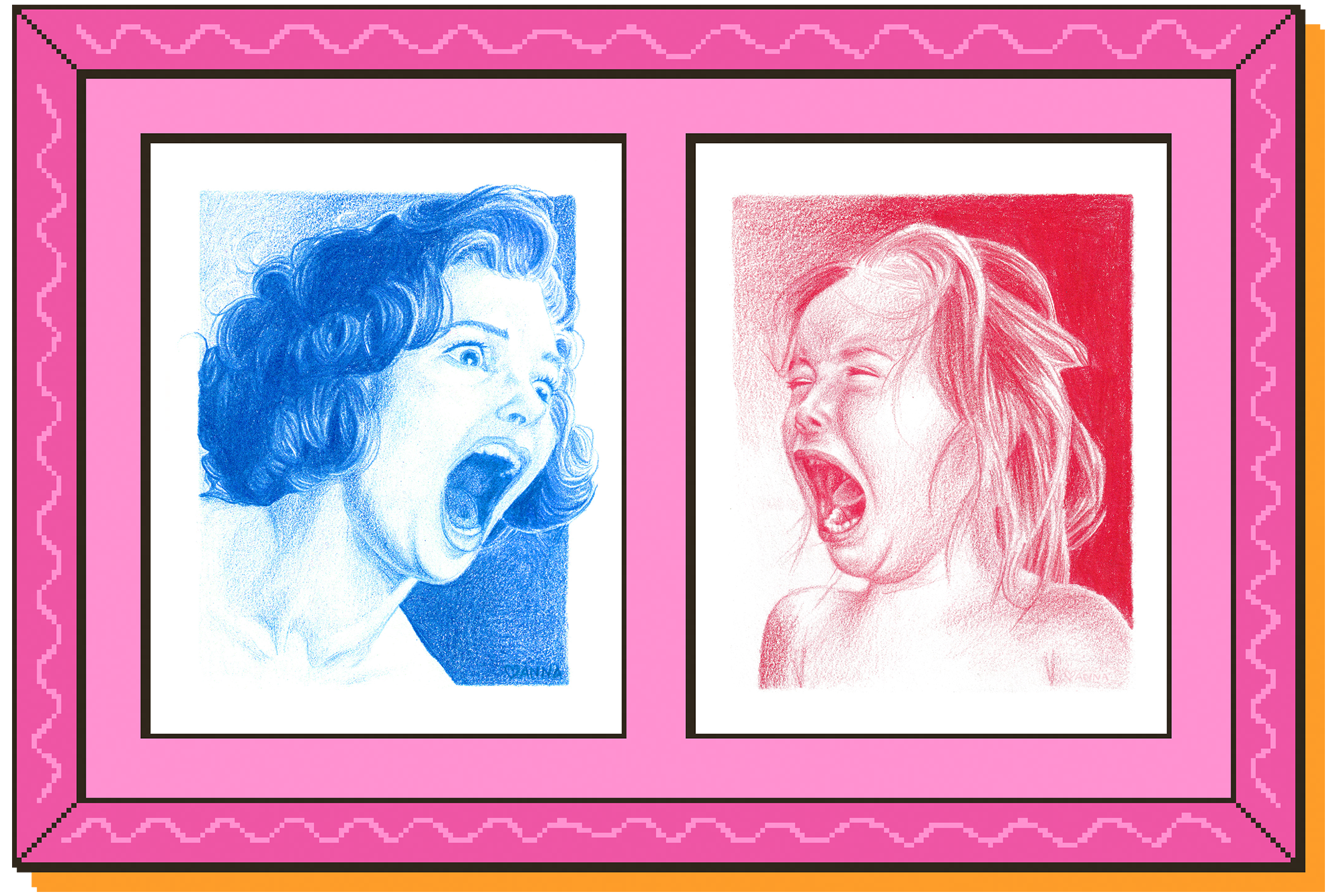 A diptych of two monochrome colored pencil portraits, one of a blue woman, the other a red little girl, both screaming in each others' directions. In a pink frame.