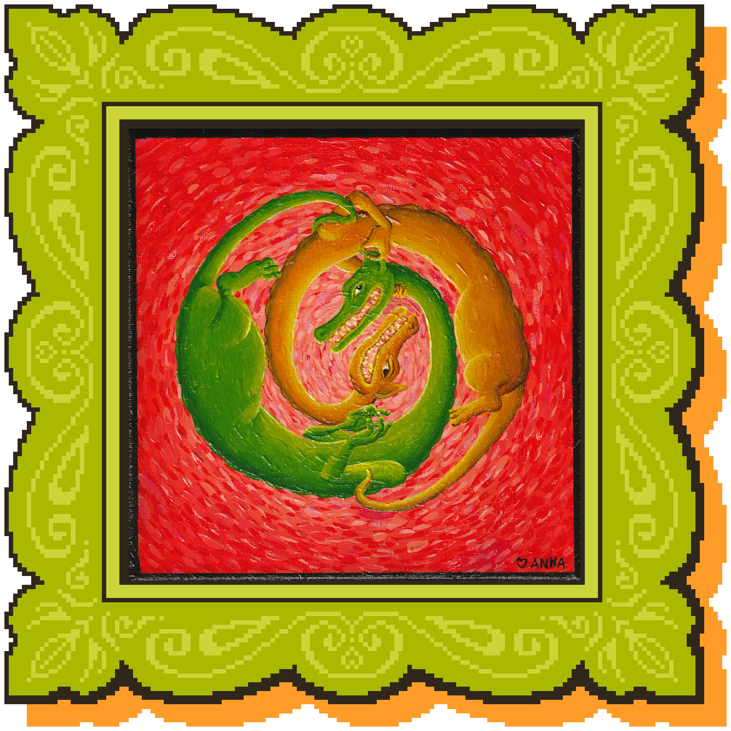 A painting of an orange dragon and a green dragon intertwined and spiraling around a red gradient background.