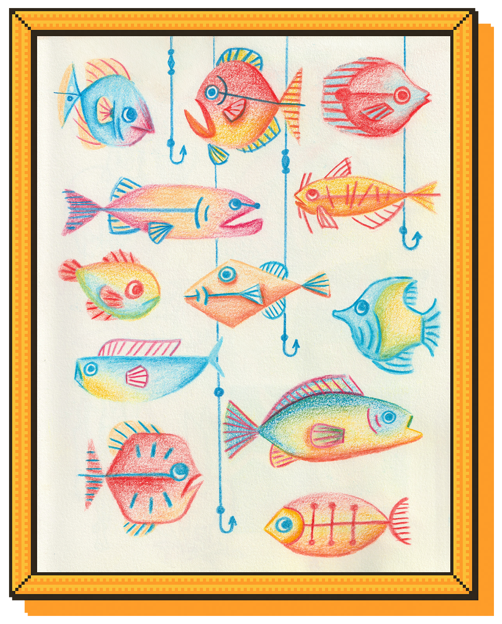 A collection of midcentury style fish drawn in colored pencil