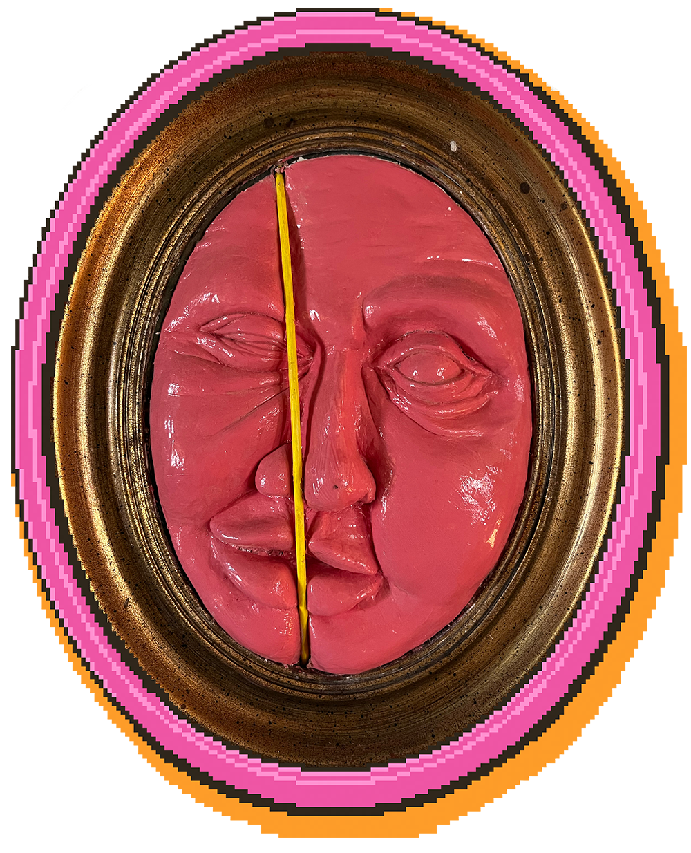 A clay sculpted pink face squeezing out of an oval shaped frame. There's a yellow string in its way