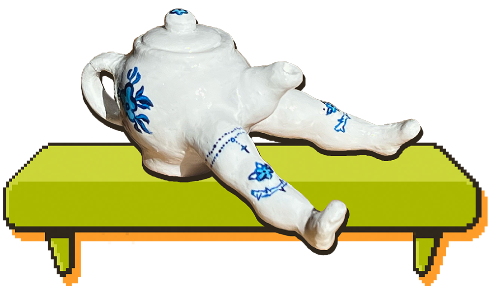 A small 3in x 4in polymer clay sculpture of a white teapot with legs and blue florals painted on it