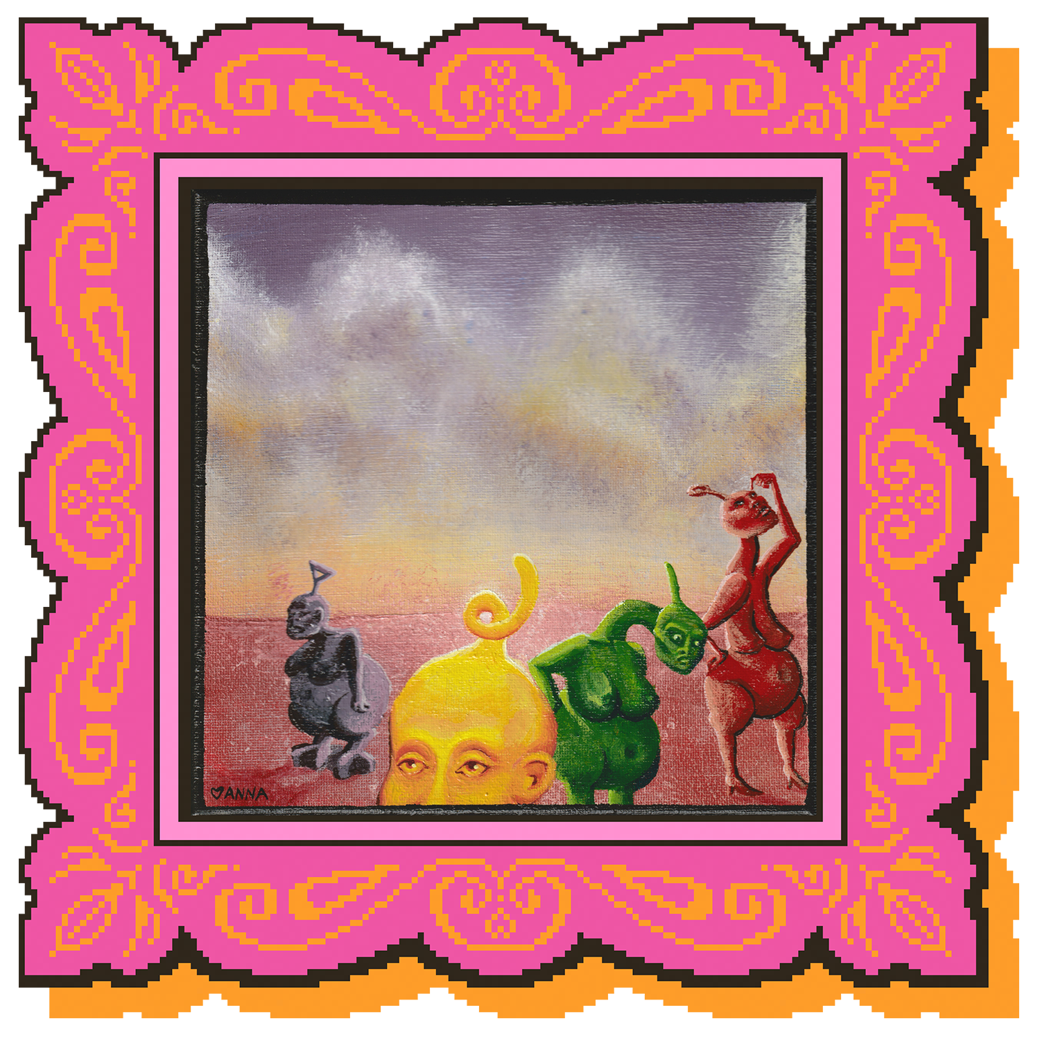 A painting of teletubbie like beings looking around a barren red landscape