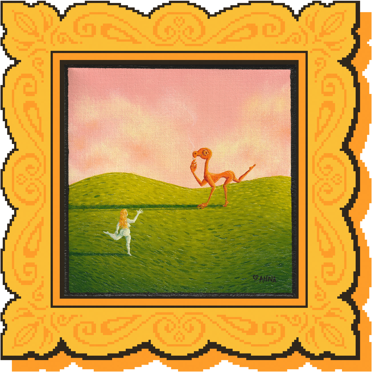 A painting of a woman waving at non human figure across a vibrant field, contained in a fancy yellow pixel frame