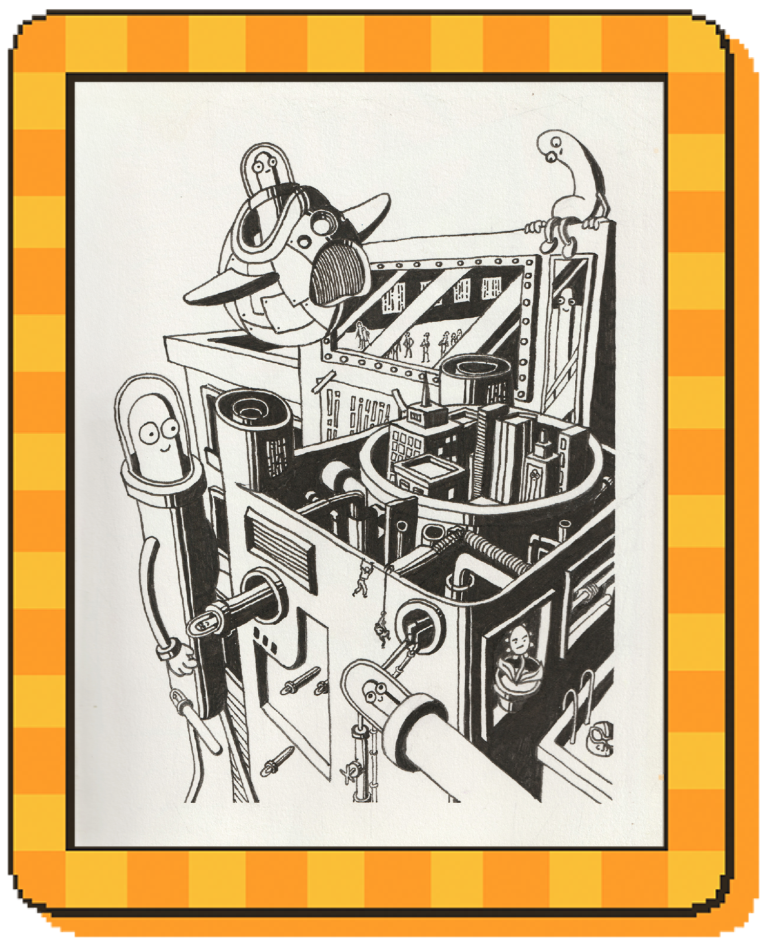 A black ink drawing of a space city occupied by worm like beings and others. Yellow/orange checkered frame.
