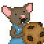 a mouse in blue overalls eating a big chocolate chip cookie. his greed sickens me.
