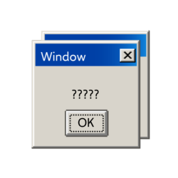 a picture of a gray Windows pop up with the a simple message of three question marks and an Okay button below that. ??? indeed